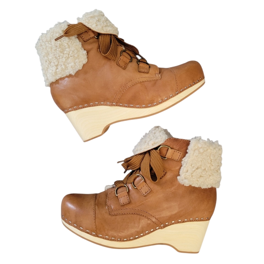 Kelsi Dagger Chestnut Brown Faux Leather & Shearling Heeled Ankle Booties 7